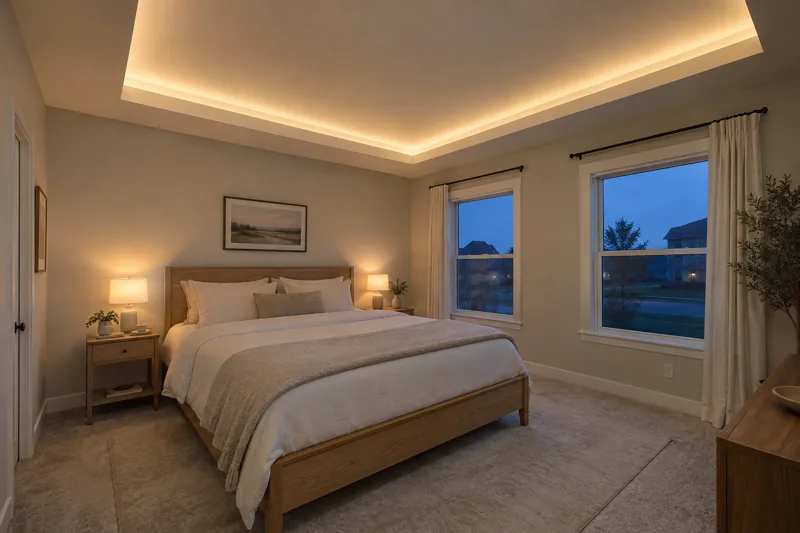 AI concept: Bedroom concept showing a soft ceiling glow from concealed perimeter lighting