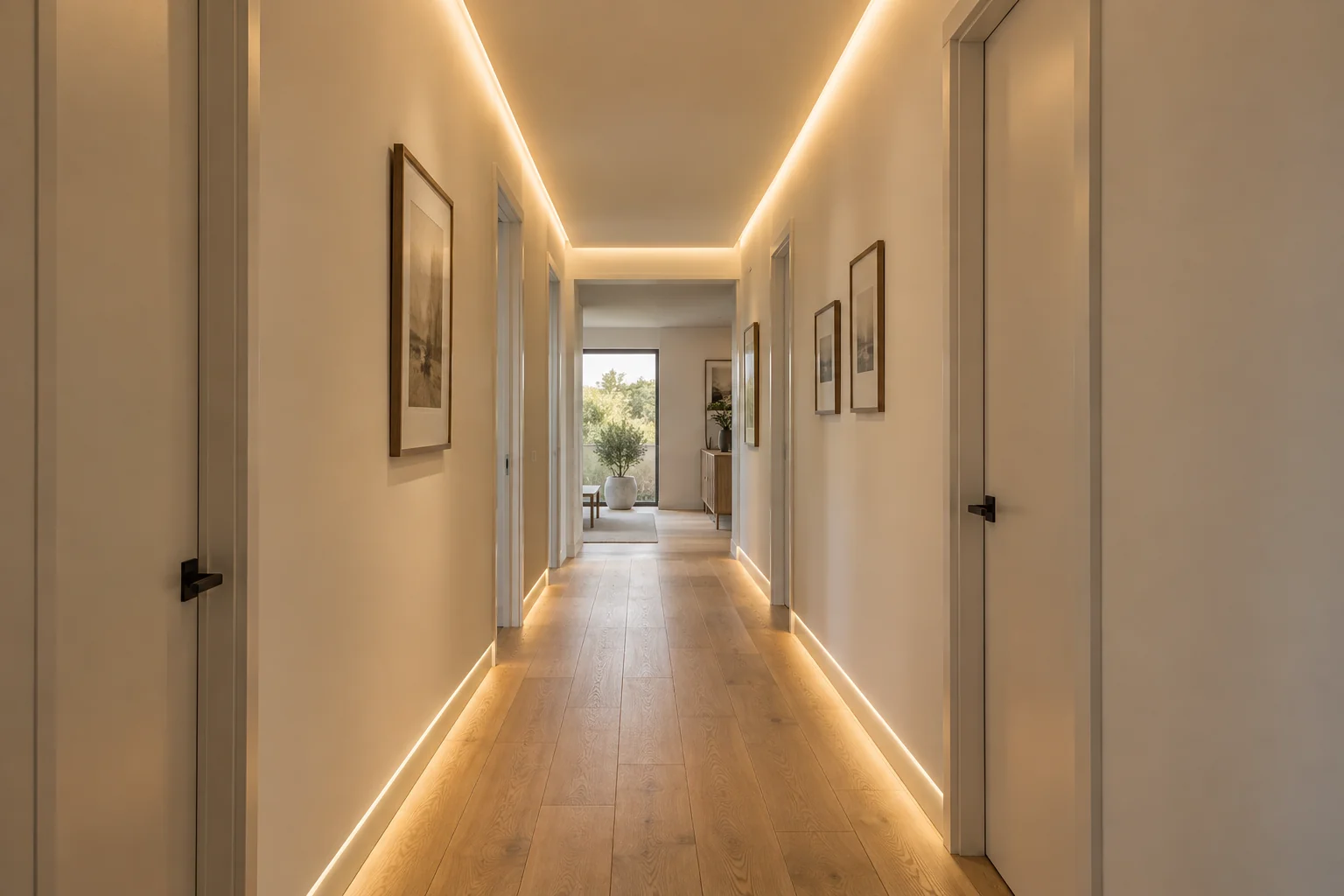 AI design concept: Modern hallway with a warm concealed ceiling perimeter and soft low wall lighting