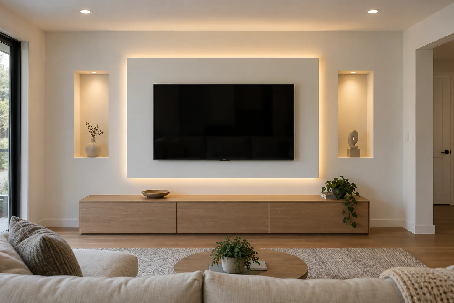 AI design concept: Drywall TV feature wall with a backlit central panel and two illuminated niches