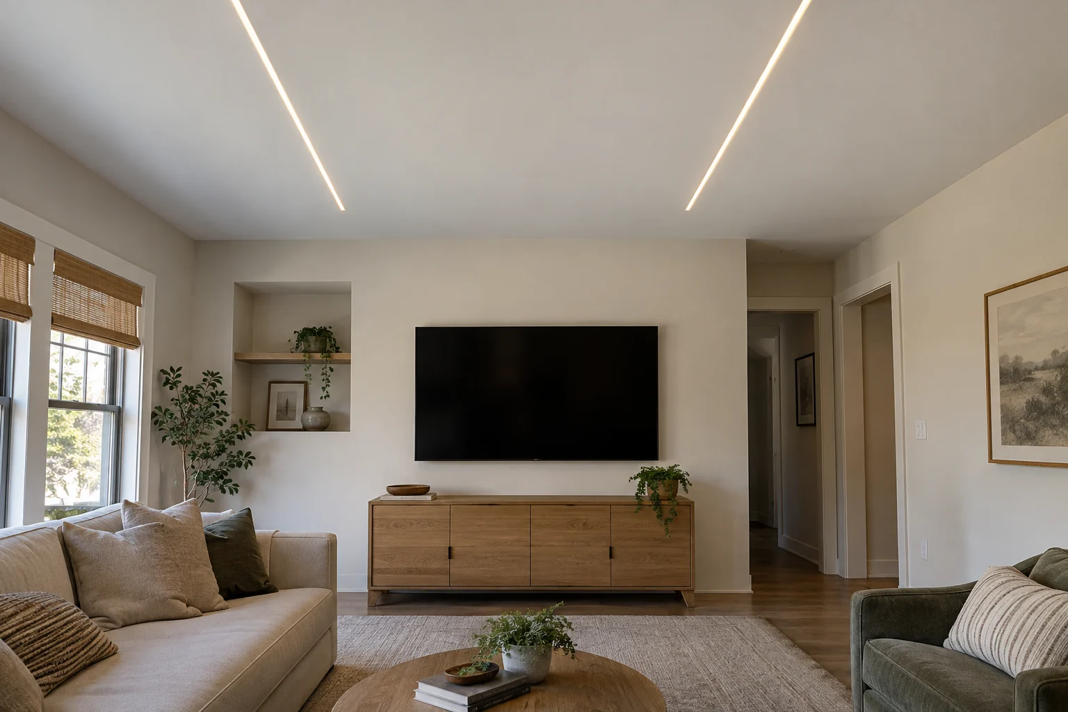 AI design concept: Living room with two straight recessed linear LED ceiling channels