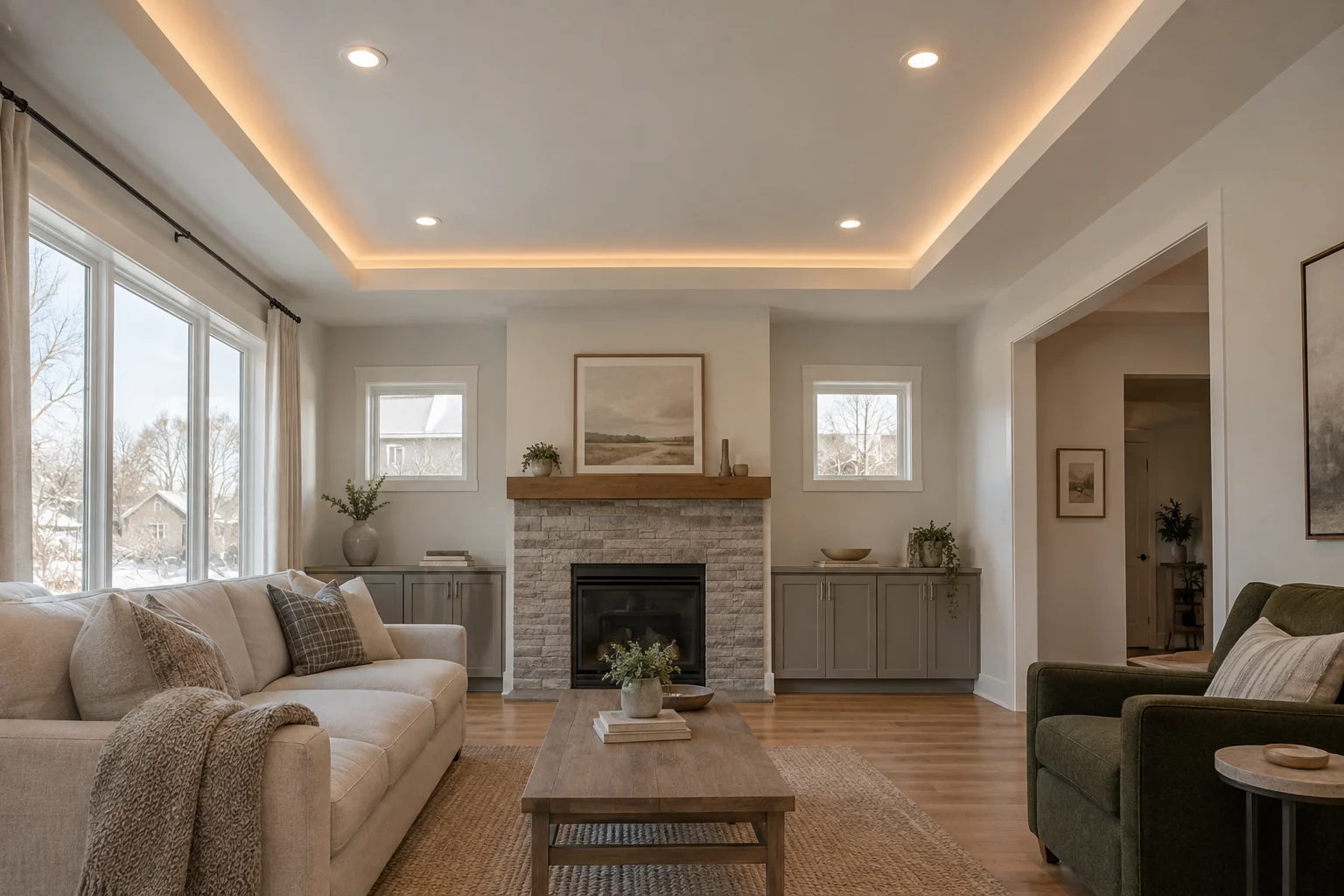 AI design concept: Simple rectangular tray ceiling with warm cove lighting in a living room